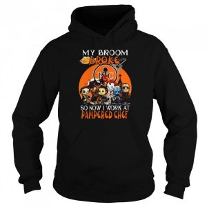 Chibi Horror characters my broom broke so now I work at Pampered Chef Halloween shirt 3