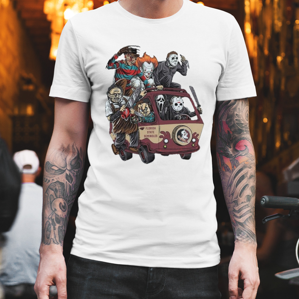 Florida State Seminoles Horror Movies Characters Bus Halloween 2023 T-Shirt Florida State Seminoles Horror Movies Characters Bus Halloween 2023 T-Shirt