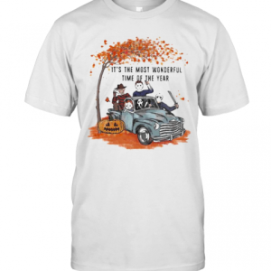 Halloween Horror Characters Riding Car It’S The Most Wonderful Time Of The Year Leaves Tree T-Shirt
