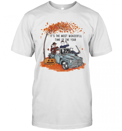 Halloween Horror Characters Riding Car It'S The Most Wonderful Time Of The Year Leaves Tree T-Shirt Halloween Horror Characters Riding Car It'S The Most Wonderful Time Of The Year Leaves Tree T-Shirt