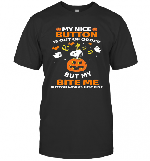 Halloween Snoopy And Woodstock My Nice Button Is Out Of Order But My Bite Me Button Works Just Fine Pumpkin T-Shirt Halloween Snoopy And Woodstock My Nice Button Is Out Of Order But My Bite Me Button Works Just Fine Pumpkin T-Shirt