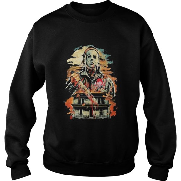 Halloween michael myers holding knife fire wendys shirt