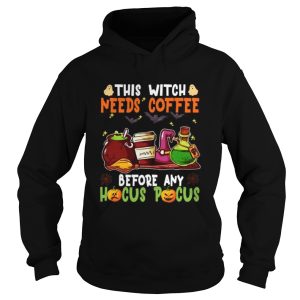 Halloween this witch needs coffee before any hocus pocus ghost and pumpkin shirt