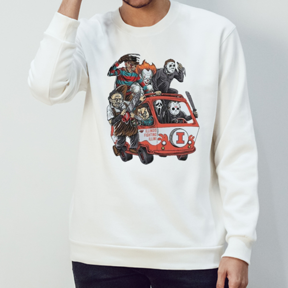 Illinois Fighting Illini Horror Movies Characters Bus Halloween 2023 T-Shirt Illinois Fighting Illini Horror Movies Characters Bus Halloween 2023 T-Shirt