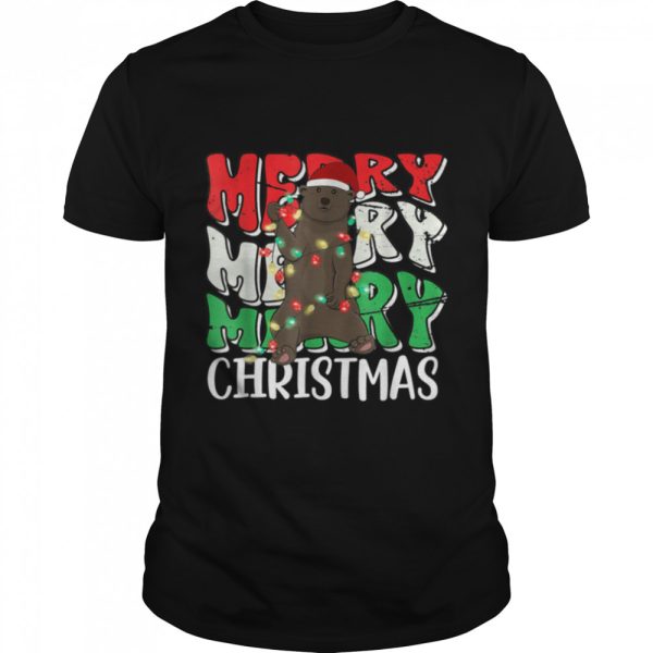 Merry Christmas Bear Santa Hat Lights Retro Groovy T-Shirt