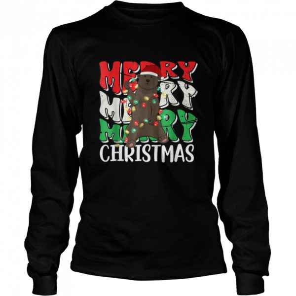 Merry Christmas Bear Santa Hat Lights Retro Groovy T-Shirt