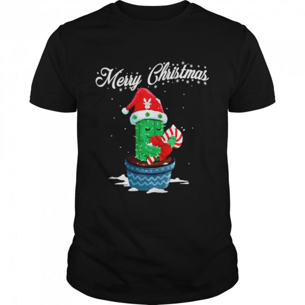 Merry Christmas Cute Cactus Santa Hat Candy Cane Xmas Shirt