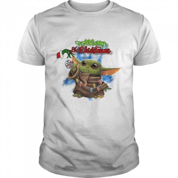 Merry Christmas Grinch hand holding Ho Ho Ho Baby Yoda lights Shirt