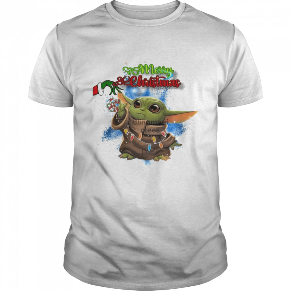 Merry Christmas Grinch hand holding Ho Ho Ho Baby Yoda lights Shirt Merry Christmas Grinch hand holding Ho Ho Ho Baby Yoda lights Shirt