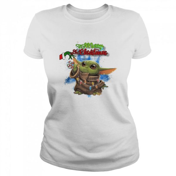 Merry Christmas Grinch hand holding Ho Ho Ho Baby Yoda lights Shirt