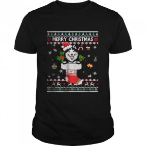 Merry Christmas Siberian Husky In Sock Dog Ugly Xmas T-Shirt