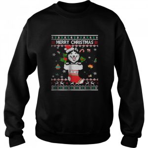 Merry Christmas Siberian Husky In Sock Dog Ugly Xmas T Shirt 4