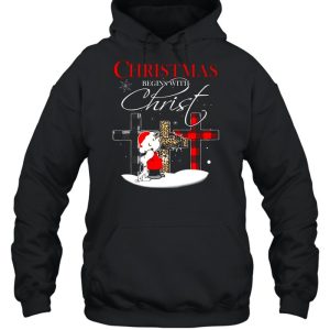 Santa Charlie Brown and Snoopy Christmas begins with Christ t shirt 5