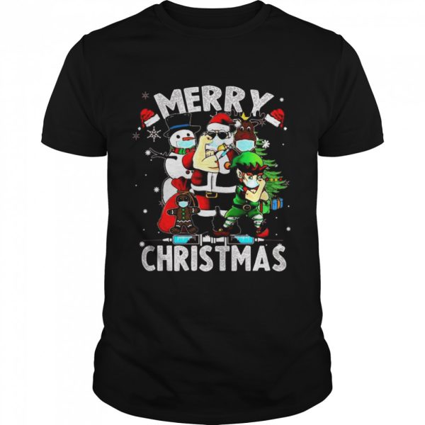 Santa Claus Elf Reindeer Snowman face mask Vaccine Merry Christmas Shirt