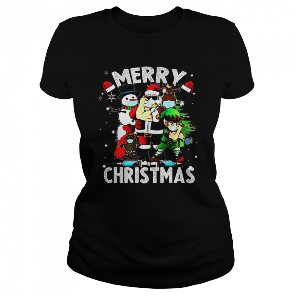 Santa Claus Elf Reindeer Snowman face mask Vaccine Merry Christmas Shirt Santa Claus Elf Reindeer Snowman face mask Vaccine Merry Christmas Shirt