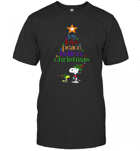 Snoopy And Charlie Brown Joy Love Peace Believe Christmas T-Shirt Snoopy And Charlie Brown Joy Love Peace Believe Christmas T-Shirt