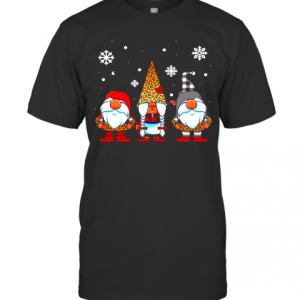 Three Gnomes In Leopard Print Buffalo Plaid Christmas T-Shirt
