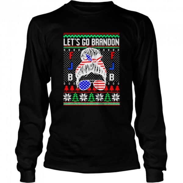 Women Let’s Go Brandon Ugly Christmas Messy Bun Glassed Flag Shirt