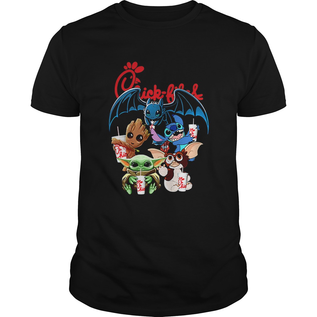 Chick Fil A Mashup Baby Yoda Baby Groot Toothless Stitch Gizmo Shirt