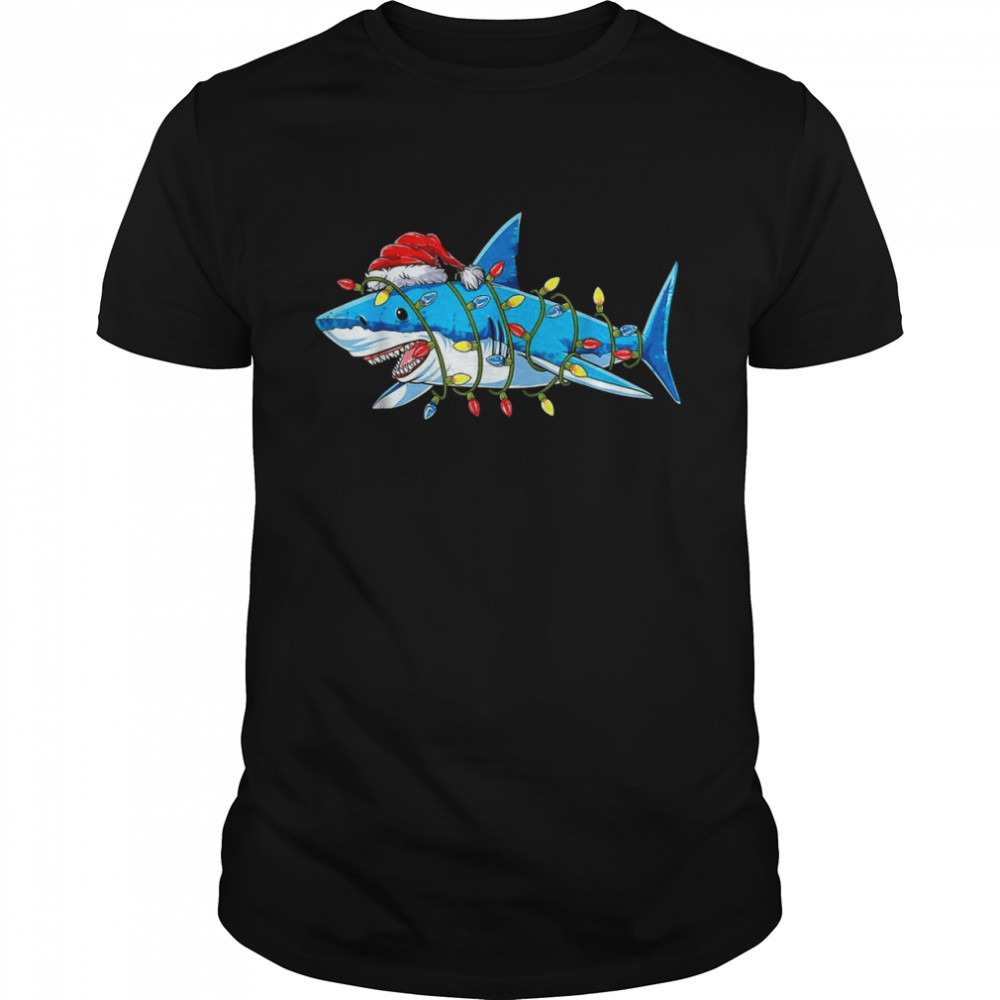 Santa Shark Christmas Lights Boys Sharkmas Xmas Shirt Santa Shark Christmas Lights Boys Sharkmas Xmas Shirt