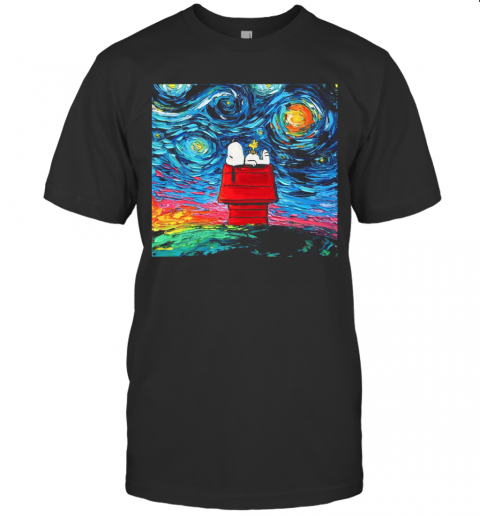 Snoopy And Woodstock Peanuts Cartoon Starry Night Print T-Shirt Snoopy And Woodstock Peanuts Cartoon Starry Night Print T-Shirt