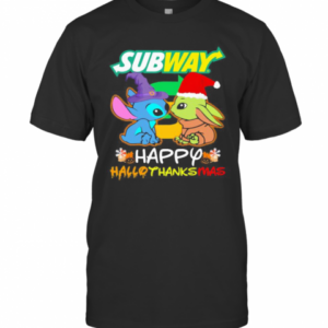 Stitch And Baby Yoda Subway Happy Hallothanksmas Halloween Thanksgiving Christmas T-Shirt