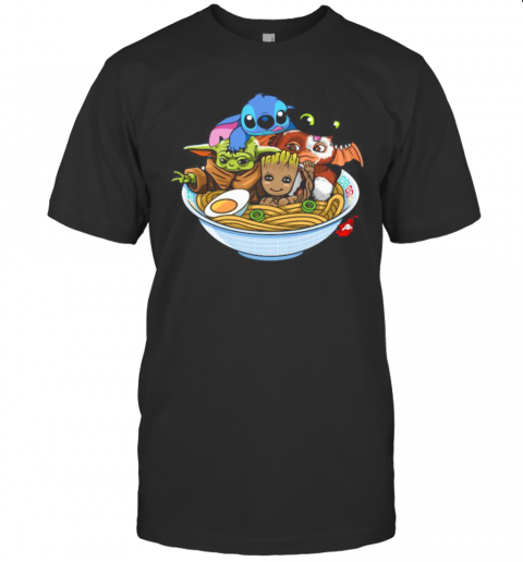 Stitch Toothless Baby Yoda And Baby Groot In Noodle T-Shirt Stitch Toothless Baby Yoda And Baby Groot In Noodle T-Shirt