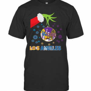 The Grinch Hand Holding Ornament Los Angeles Lakers And Los Angeles Dodgers Christmas T-Shirt