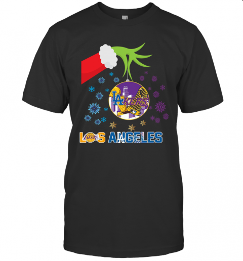 The Grinch Hand Holding Ornament Los Angeles Lakers And Los Angeles Dodgers Christmas T-Shirt The Grinch Hand Holding Ornament Los Angeles Lakers And Los Angeles Dodgers Christmas T-Shirt