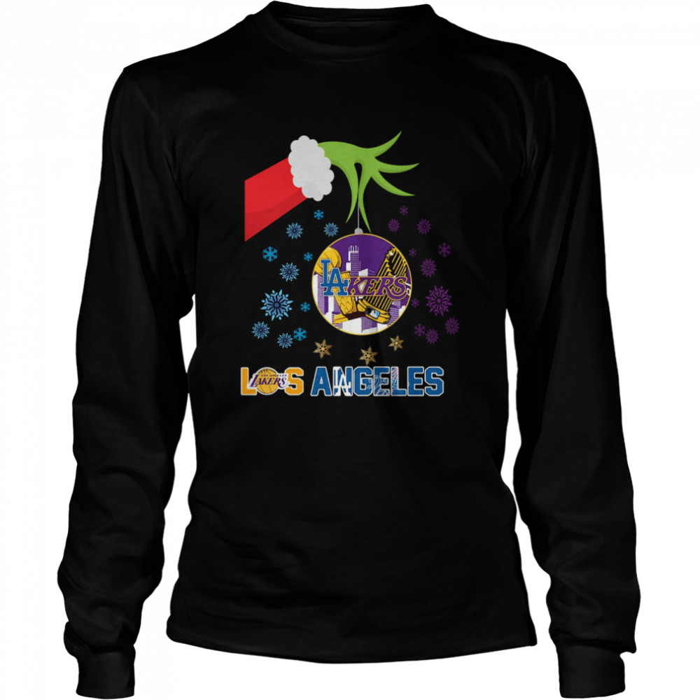 The Grinch Hand Holding Ornament Los Angeles Lakers And Los Angeles Dodgers Christmas shirt The Grinch Hand Holding Ornament Los Angeles Lakers And Los Angeles Dodgers Christmas shirt