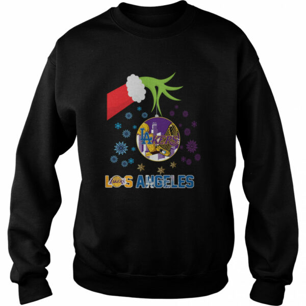 The Grinch Hand Holding Ornament Los Angeles Lakers And Los Angeles Dodgers Christmas shirt