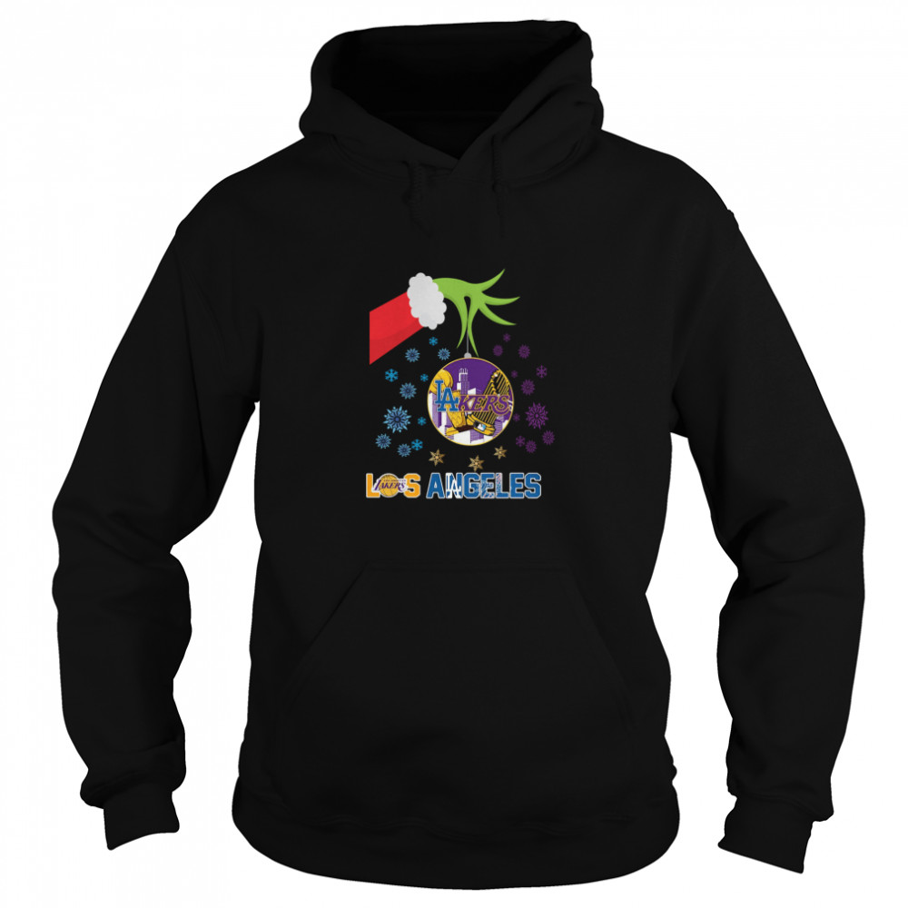 The Grinch Hand Holding Ornament Los Angeles Lakers And Los Angeles Dodgers Christmas shirt The Grinch Hand Holding Ornament Los Angeles Lakers And Los Angeles Dodgers Christmas shirt