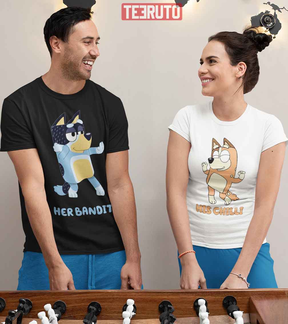 Bluey Family Her Bandit His Chilli Valentine Couple Matching T-Shirt Bluey Family Her Bandit His Chilli Valentine Couple Matching T-Shirt