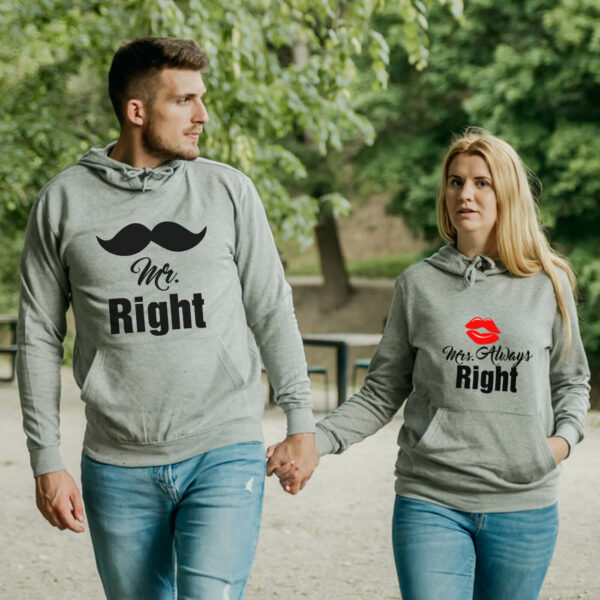Couple Hoodies Mr. Right Mustache and Mrs. Always Right Lips