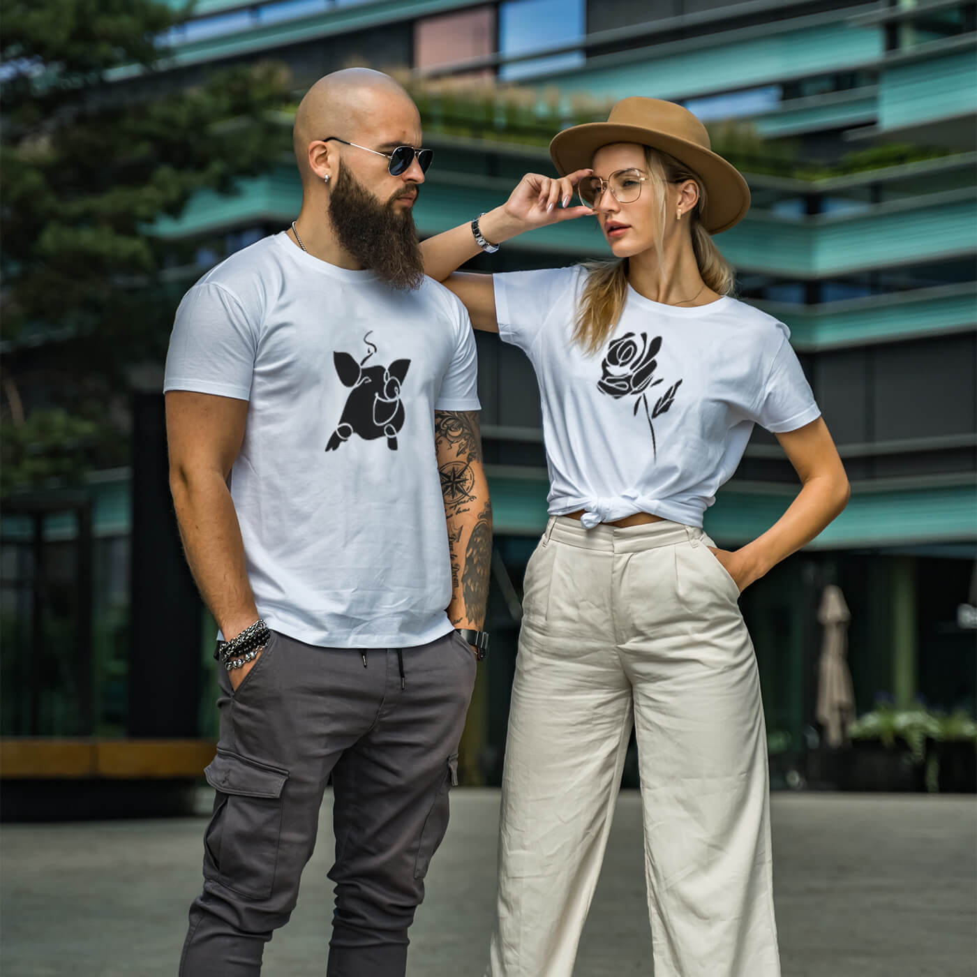 Couple t-shirts Pig and Flower Couple t-shirts Pig and Flower