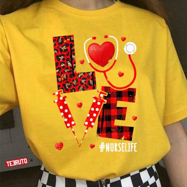 Love Nurselife Valentine Leopard Plaid Heart Unisex T-Shirt