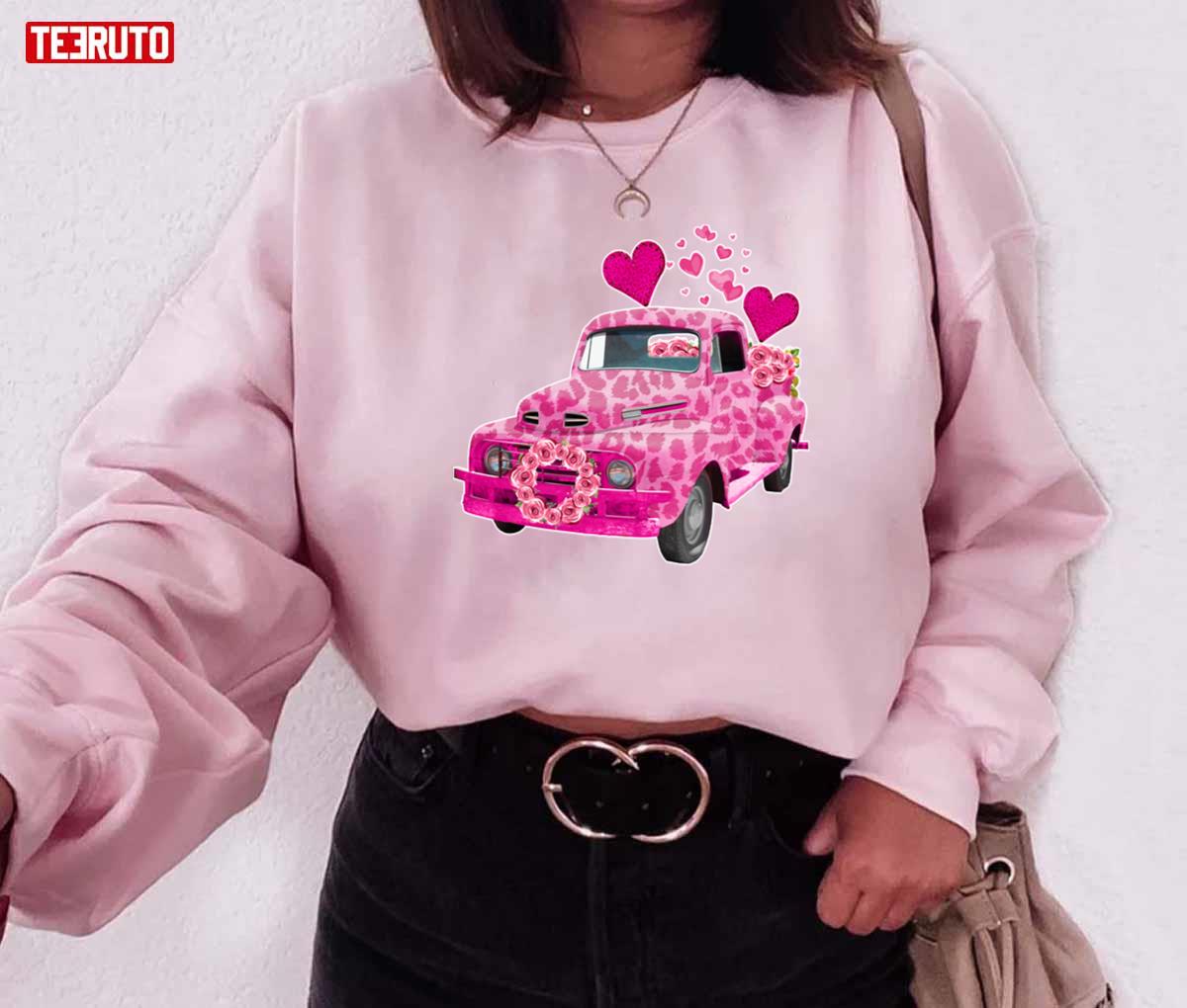 Pink Leopard Truck Happy Valentine's Day Unisex Sweatshirt Pink Leopard Truck Happy Valentine's Day Unisex Sweatshirt