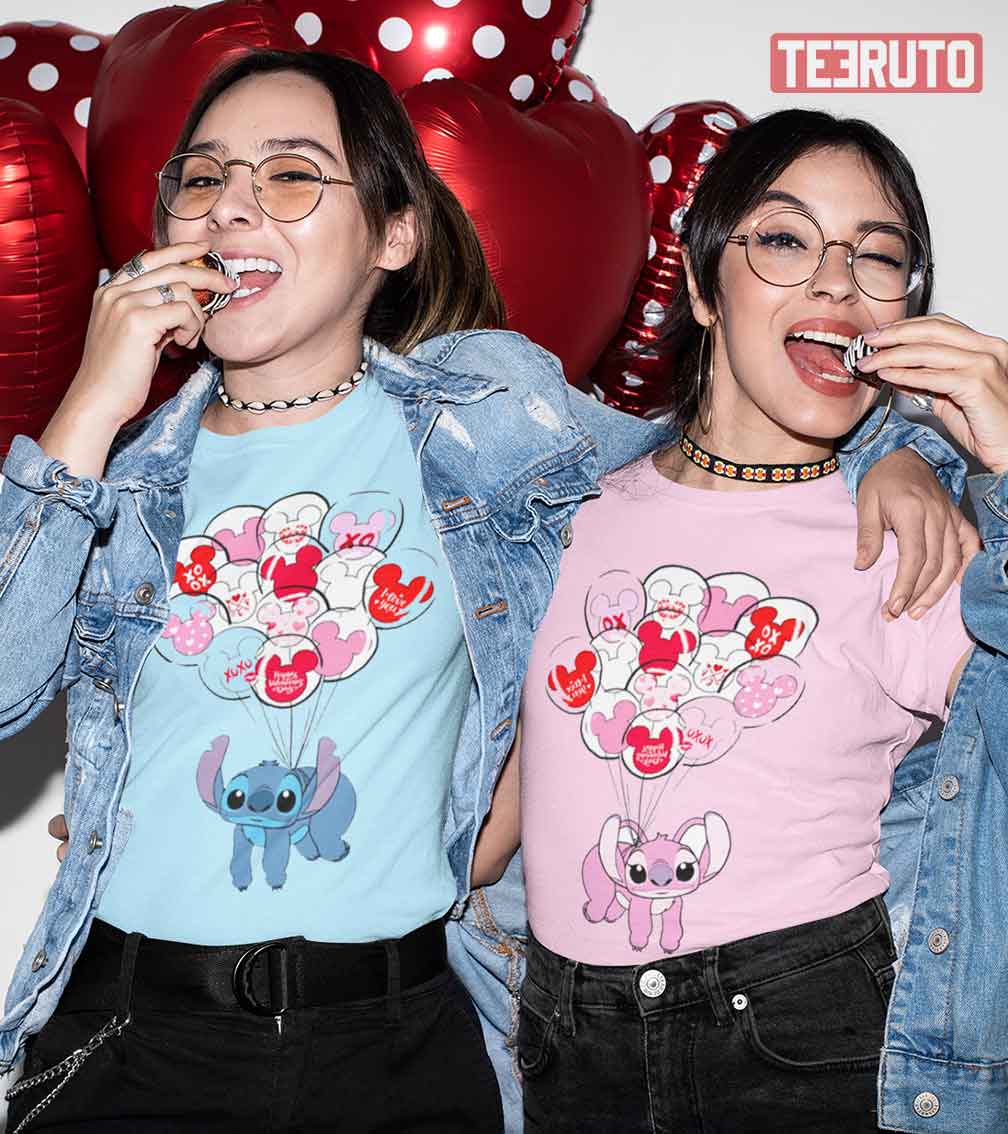 Stitch And Angel Balloons Matching Couple Disney Valentine T-Shirts Stitch And Angel Balloons Matching Couple Disney Valentine T-Shirts