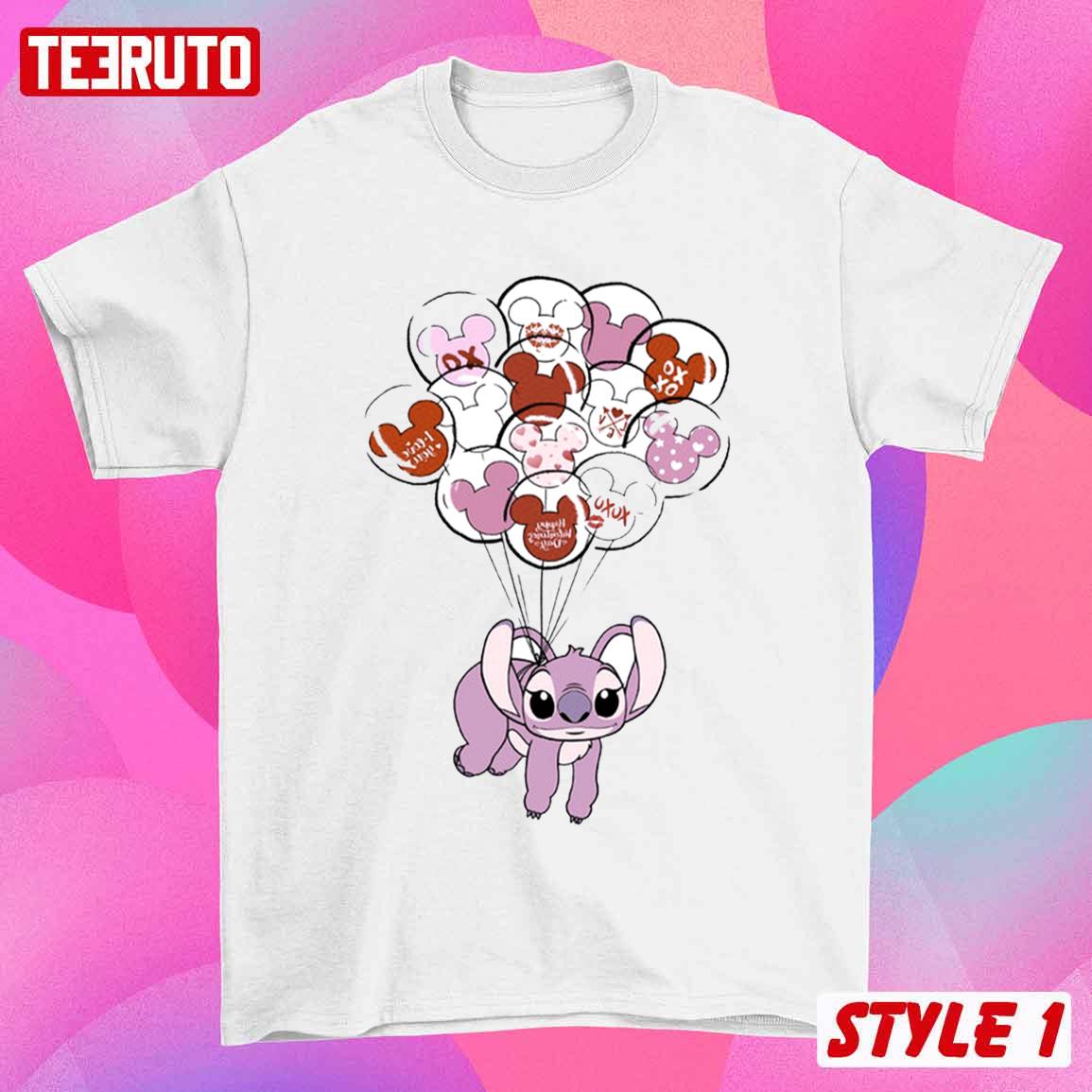 Stitch And Angel Balloons Matching Couple Disney Valentine T-Shirts Stitch And Angel Balloons Matching Couple Disney Valentine T-Shirts