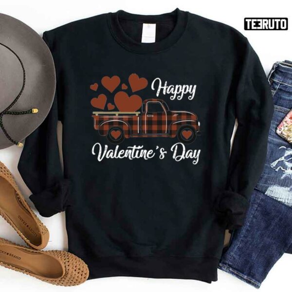 Truck Buffalo Pattern Red Hearts Happy Valentine’s Day Unisex Sweatshirt Unisex T-Shirt