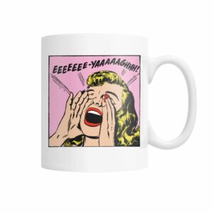 Funny vintage comic pop art girl yelling mug