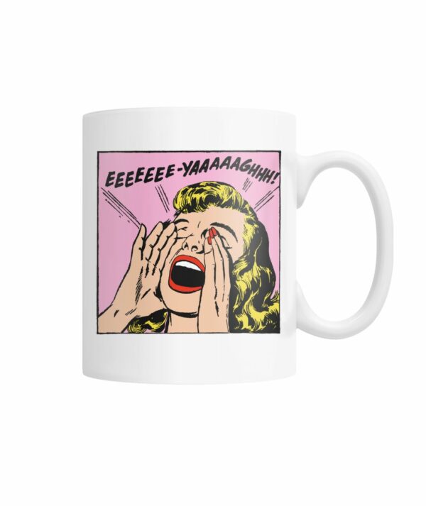 Funny vintage comic pop art girl yelling mug