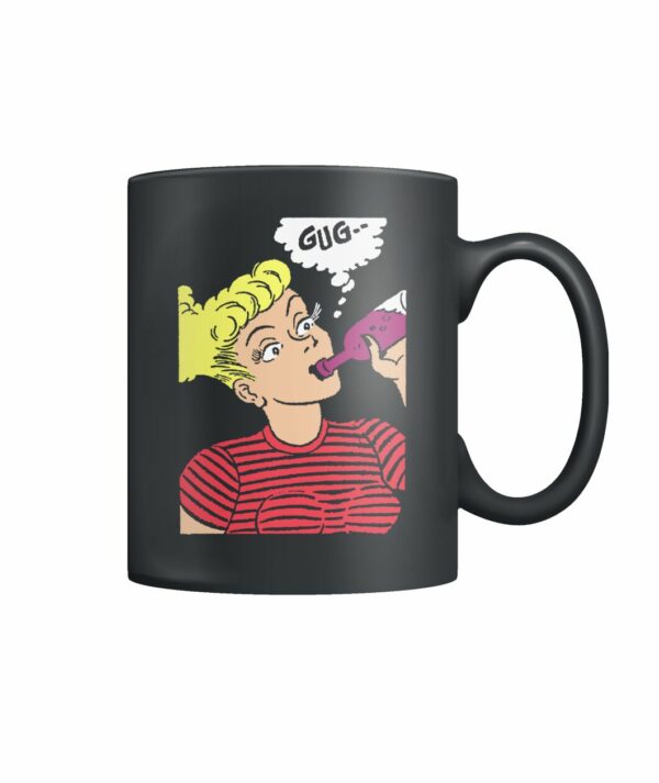 Funny vintage comic pop art woman drinking gug mug