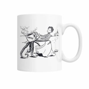 Funny vintage illustration of woman grabbed by coffee cup with tentacles mug