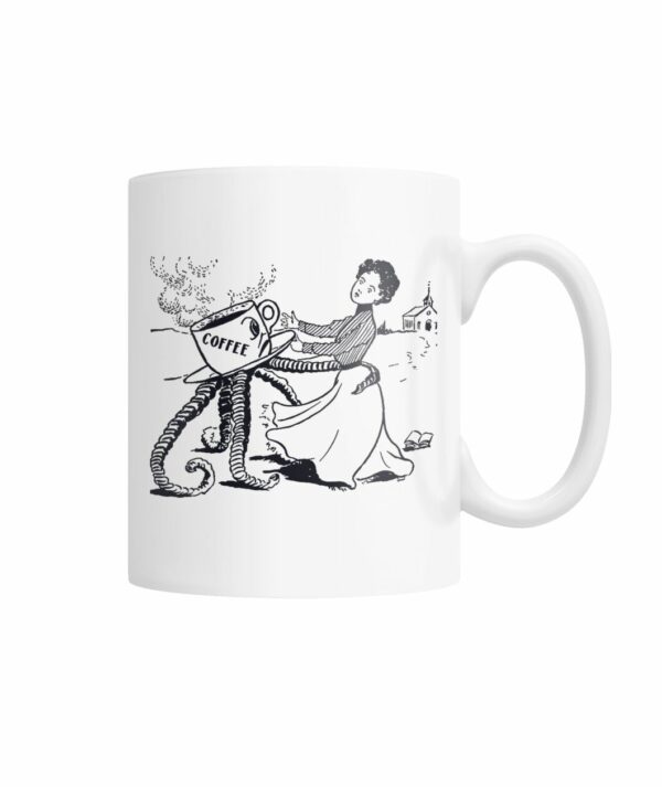Funny vintage illustration of woman grabbed by coffee cup with tentacles mug