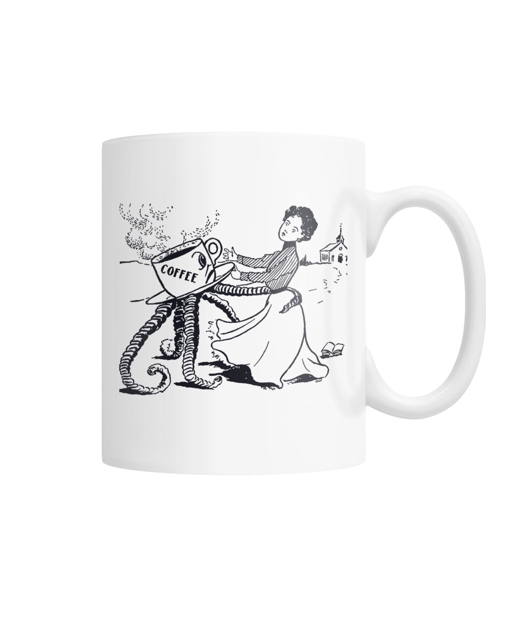 Funny vintage illustration of woman grabbed by coffee cup with tentacles mug Funny vintage illustration of woman grabbed by coffee cup with tentacles mug