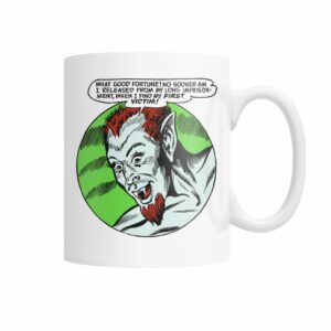 Vintage horror comic pop art design of devil my first victim mug