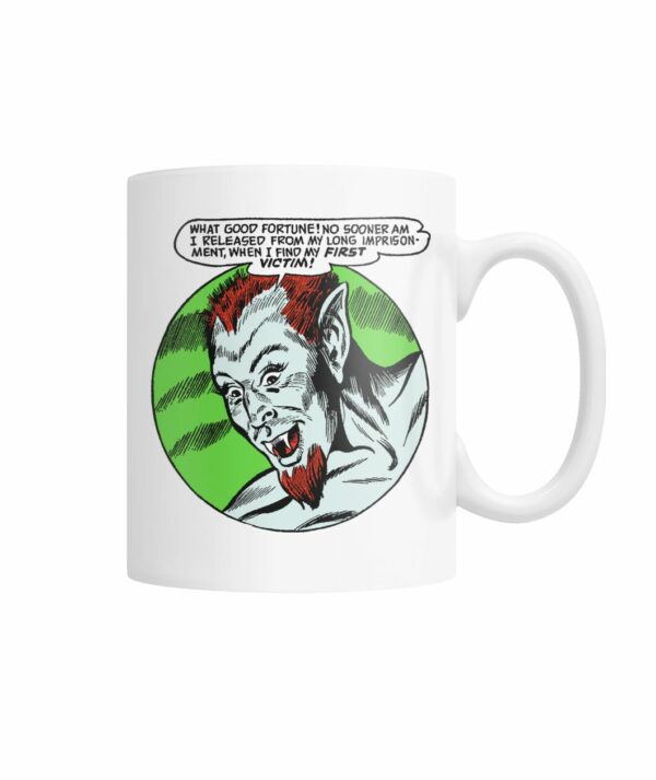 Vintage horror comic pop art design of devil my first victim mug