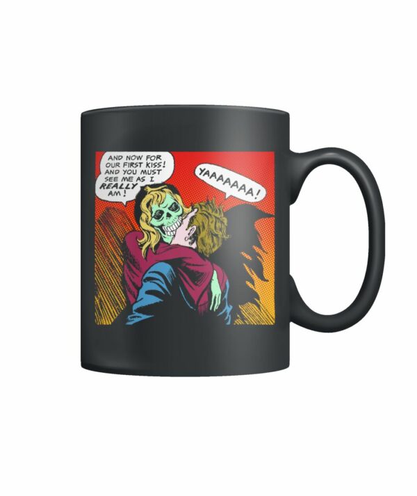 Vintage horror comic pop art design our first kiss mug