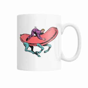 comic pop art man riding a hot dog mug